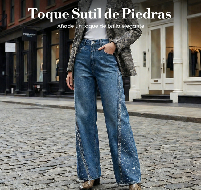 👖 Vaqueros de Pierna Ancha con Pedrería para Mujer – Estilo Único y Elegante para Cada Ocasión ✨💎