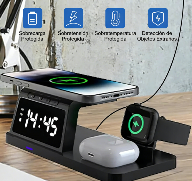 🔌 Estación de Carga Inalámbrica Rápida 4 en 1 con Soporte para Reloj – Carga Conveniente y Organizada para Todos tus Dispositivos ⌚✨
