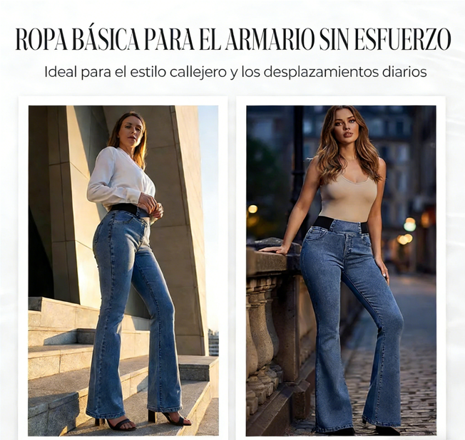 👖 Jeans de Cintura Alta y Pierna Acampanada para Mujer – Elásticos, Cómodos y con Estilo Moderno ✨🌸
