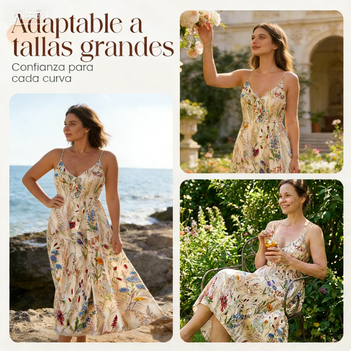 👗 Vestido Midi de Tirantes Finos para Mujer – Estampado Floral, Talla Grande, Corte en Línea A, Elegante y Fresco 🌸🏖️💃