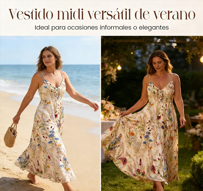 👗 Vestido Midi de Tirantes Finos para Mujer – Estampado Floral, Talla Grande, Corte en Línea A, Elegante y Fresco 🌸🏖️💃