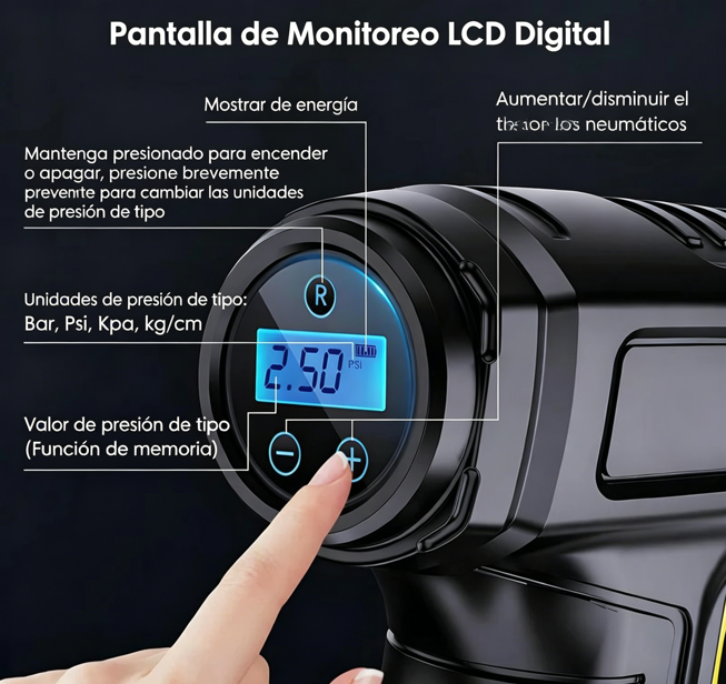 🚗 Compresor de Aire Portátil Inalámbrico – Pantalla Digital y Inflado Rápido para Autos, Bicicletas y Más ✨🔋