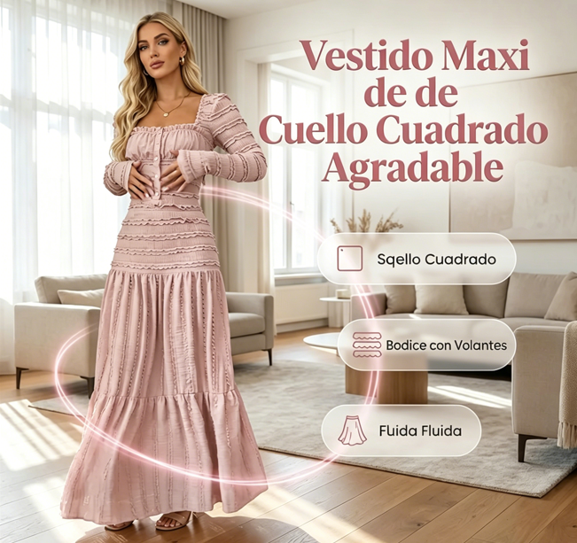 ⏰🔥 ¡Oferta Limitada 50% OFF! 👗 Vestido Largo con Cuello Cuadrado – Encanto Vintage y Elegancia Moderna ✨💖