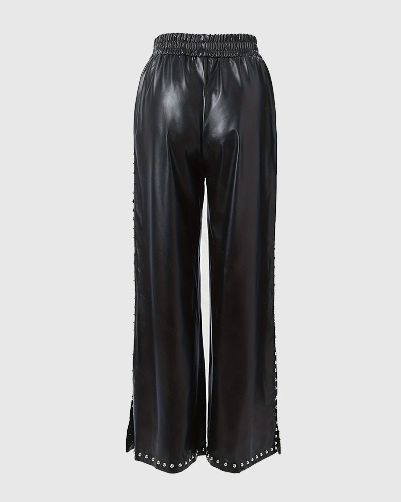 Pantalones de cuero sueltos y anchos con cuentas