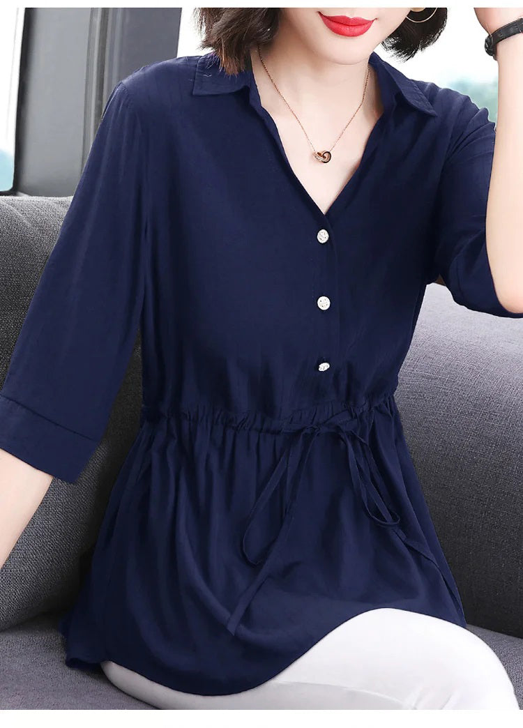 Camisa holgada con cuello en V de longitud media para mujer