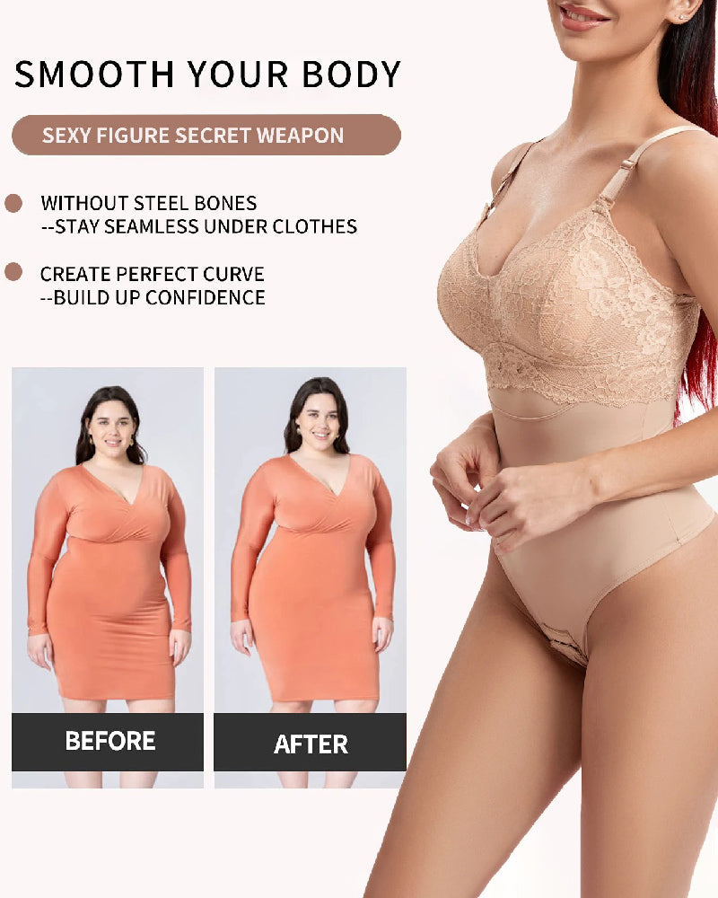 Body moldeador sin costuras con encaje, control de abdomen, cintura slim y tanga, con sujetador