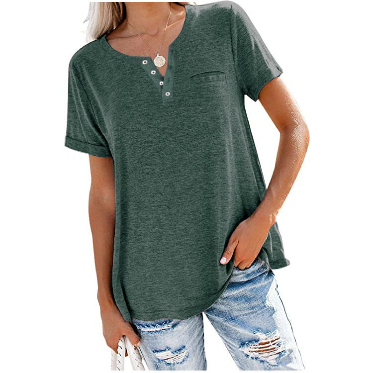 🌸40% de descuento  🌸 Camiseta de manga corta con bolsillos en color liso de algodón