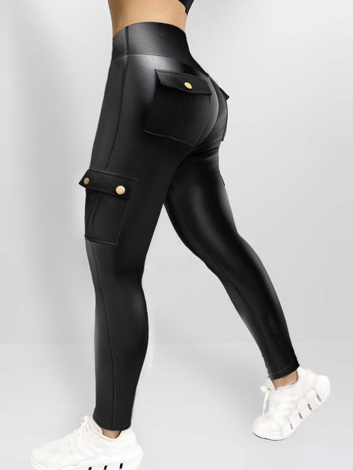 Pantalones de cuero para mujer, tiro alto, con bolsillos tipo cargo, leggings de cuero elástico