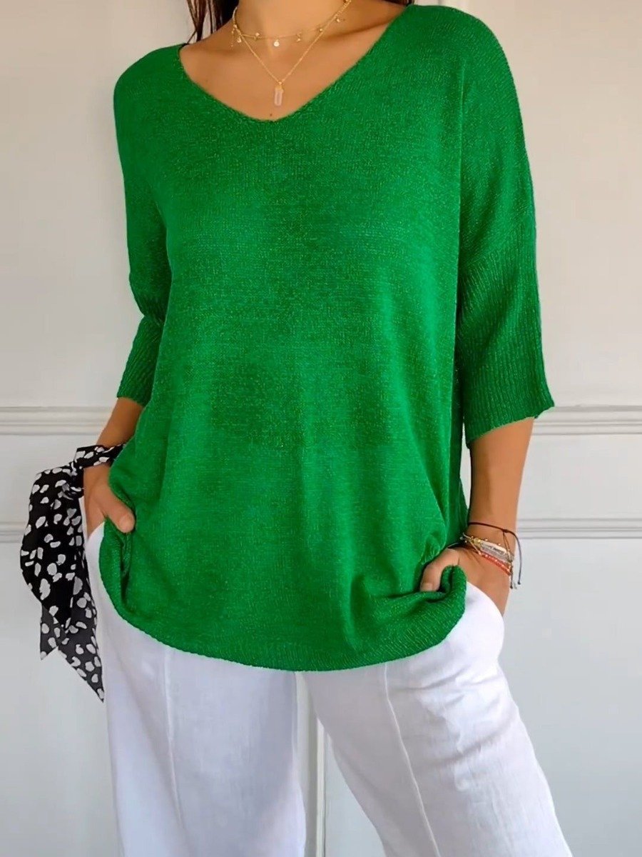 💖 Top Tejido con Cuello en V de Color Liso – Estilo Elegante y Cómodo para Cualquier Ocasión ✨👚