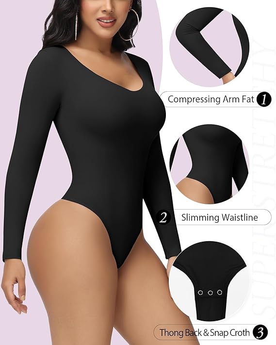 Shapshe® Bodysuits Femeninos Sin Costuras de Manga Larga con Escote en V, Control de Abdomen, Tanga, Moldeadores