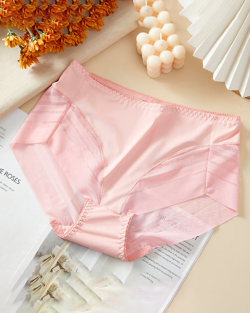 Ropa interior femenina sexy sin costuras con rayas huecas de malla, tanga de cintura media moldeadora
