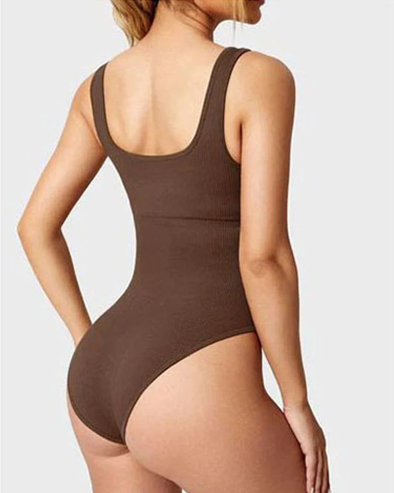 Body de Moldeador Femenino Sexy Sin Mangas con Cuello Cuadrado y Diseño Acanalado
