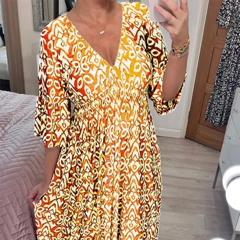 👗✨ Vestido Holgado con Cuello en V y Estampado – Comodidad y Estilo para un Look Casual y Elegante 🌸💖