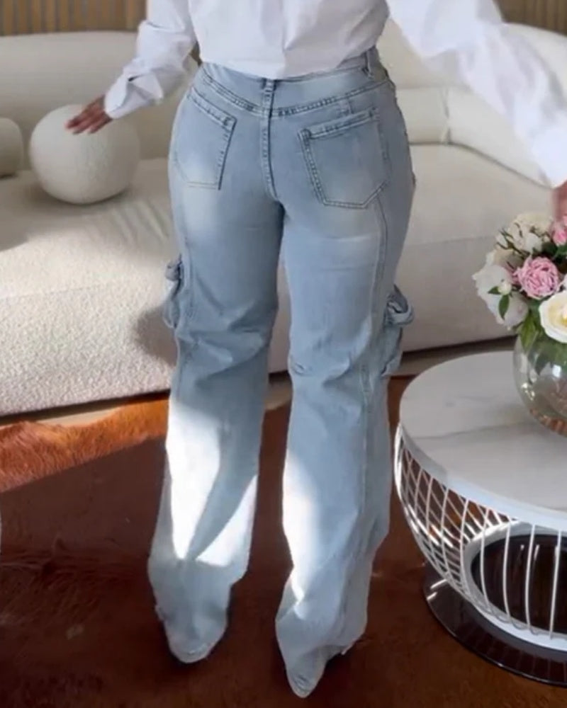 Jeans Cargo de Mezclilla con Recortes y Ribete Lavado Estilizado con Strass