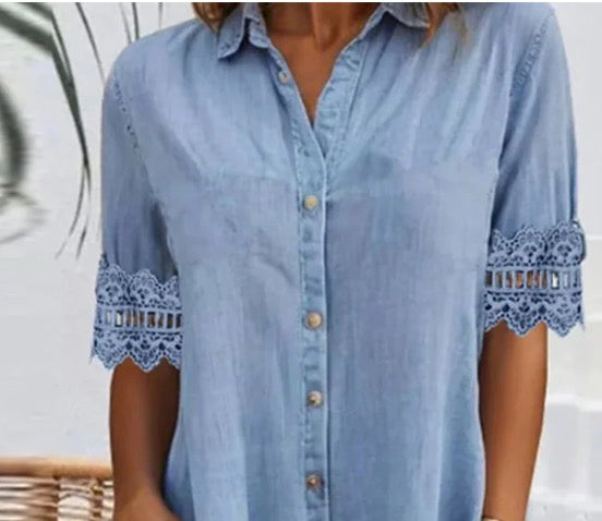 ⏰🔥 ¡50% DE DESCUENTO POR TIEMPO LIMITADO! 👗 Mini Vestido Vaquero Azul – Ribete de Encaje y Cuello, Casual y Elegante 💙✨