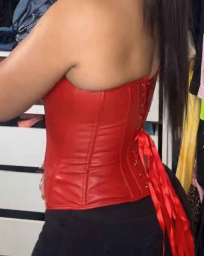 Top Corset Bustier de Mujer con Cremallera Frontal de Cuero Sintético