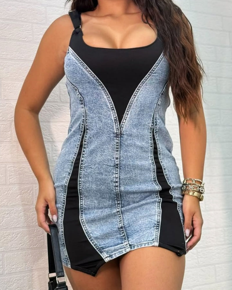 Vestido Mini Denim Bodycon con Tirantes de Color Contraste Shapshe®