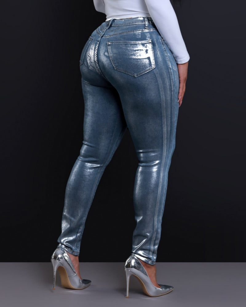 Jeans Ajustados Elásticos en Tono Plata para Mujer