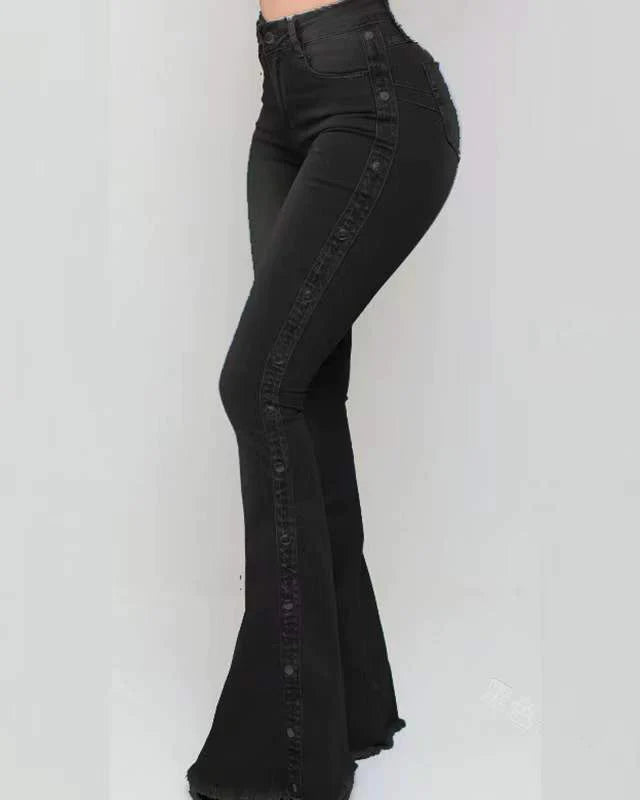 Jeans acampanados vintage para mujer con cierre de cremallera y botones laterales