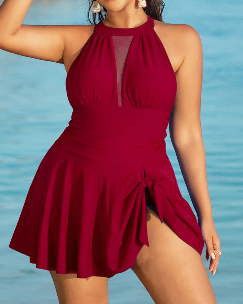 Traje de baño de talla grande con cuello halter, panel de malla, control de abdomen y lazo lateral