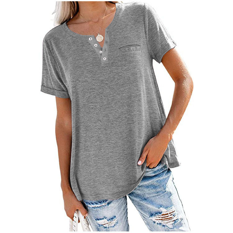 🌸40% de descuento  🌸 Camiseta de manga corta con bolsillos en color liso de algodón