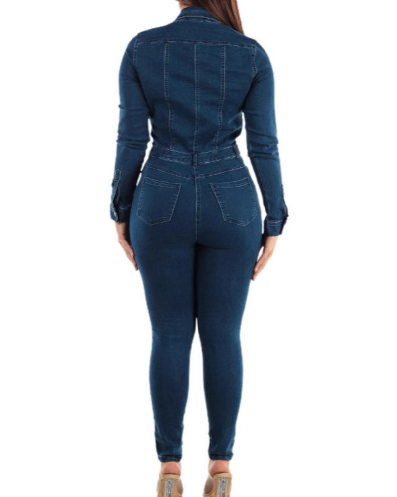 Mono tipo overol para mujer estilo jeans con levantamiento de glúteos y múltiples bolsillos