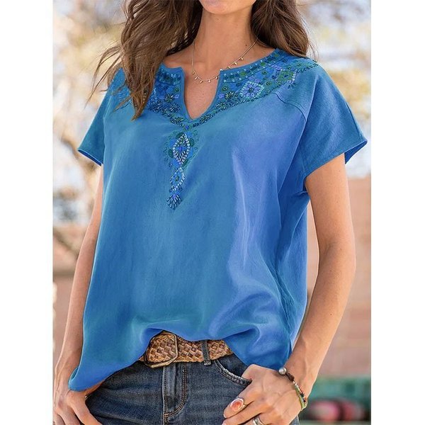 Camiseta de manga corta con cuello en V para mujer