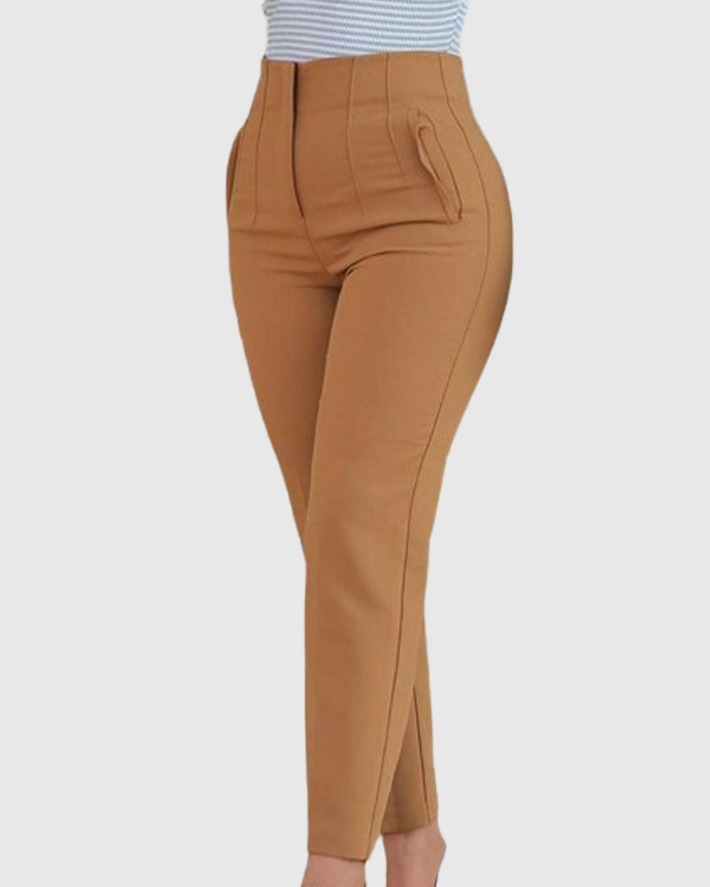Pantalones de Mujer a Medida con Pliegues, Cintura Alta y Bolsillos Laterales, de 9 Puntos