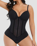 Body de mujer con corset de malla transparente, control de abdomen, tanga y espalda descubierta