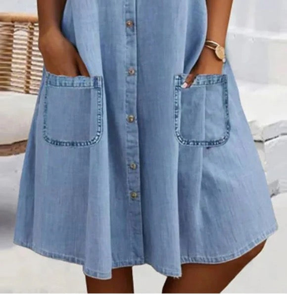 ⏰🔥 ¡50% DE DESCUENTO POR TIEMPO LIMITADO! 👗 Mini Vestido Vaquero Azul – Ribete de Encaje y Cuello, Casual y Elegante 💙✨