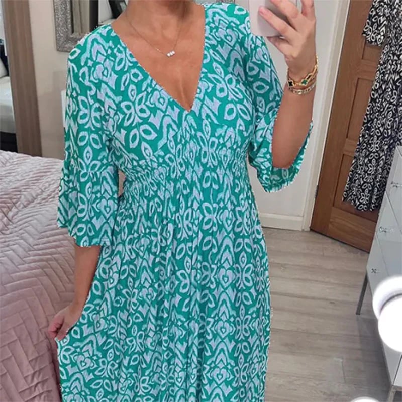 👗✨ Vestido Holgado con Cuello en V y Estampado – Comodidad y Estilo para un Look Casual y Elegante 🌸💖