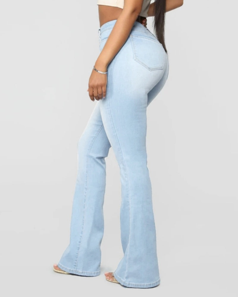 Jeans de Moda de Cintura Alta, Levanta Caderas, Ajustados y Acampanados Lavados