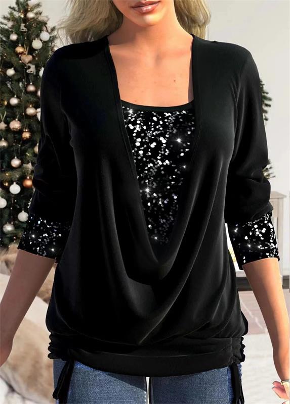 ✨💃 Top Falso de Dos Piezas con Lentejuelas – Elástico, Ajuste Smock y Estilo de Fiesta 🎉