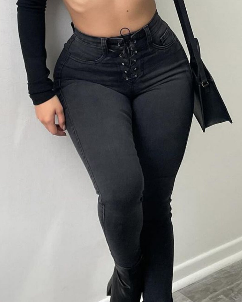 Jeans ajustados de tiro alto con cordones para mujer Shapshe®