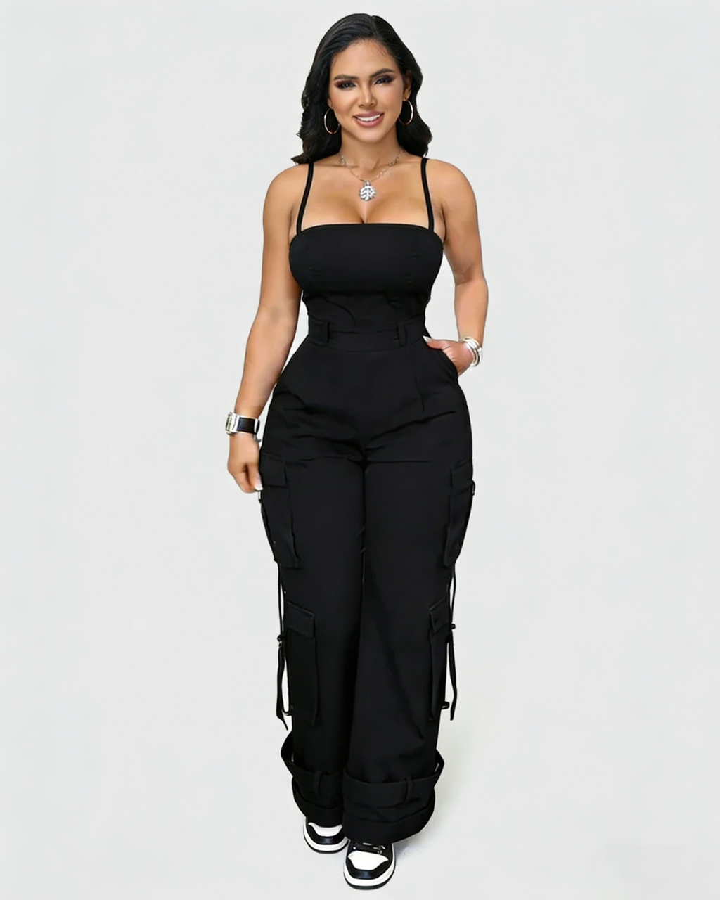 Mono de pierna ancha con bolsillos para mujer casual, curvy, holgado, estilo cargo, enterizo, peto