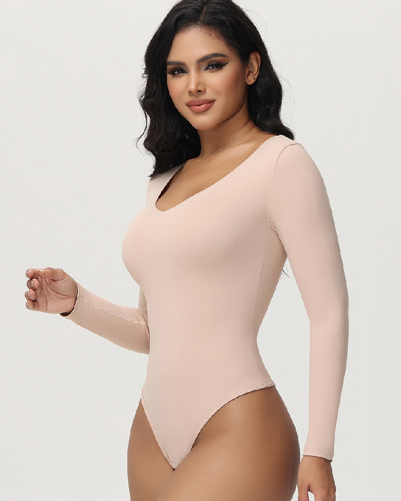 Shapshe® Bodysuits Femeninos Sin Costuras de Manga Larga con Escote en V, Control de Abdomen, Tanga, Moldeadores