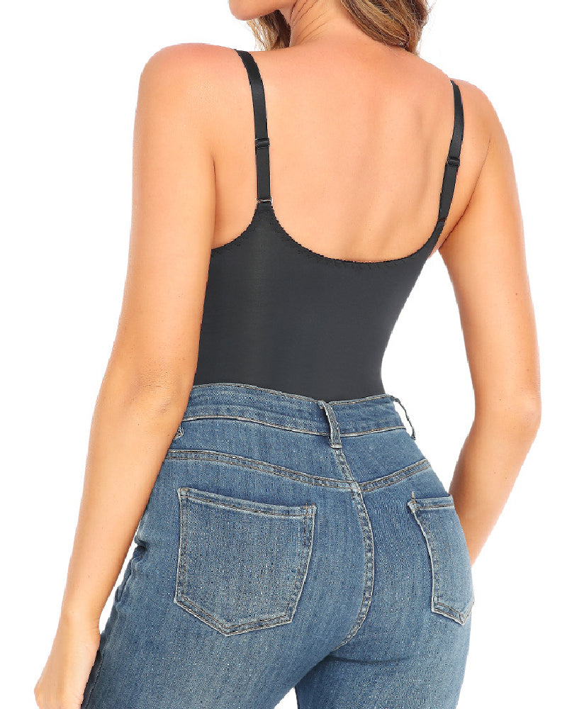 Body de Encaje Sexy para Mujer con Escote en V Profundo, Control de Abdomen y Tanga Modelador
