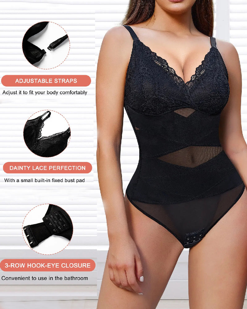 Body de mujer con control de abdomen, escote en V, tanga, corsé modelador, camisetas de encaje moldeadoras