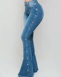 Jeans acampanados vintage para mujer con cierre de cremallera y botones laterales