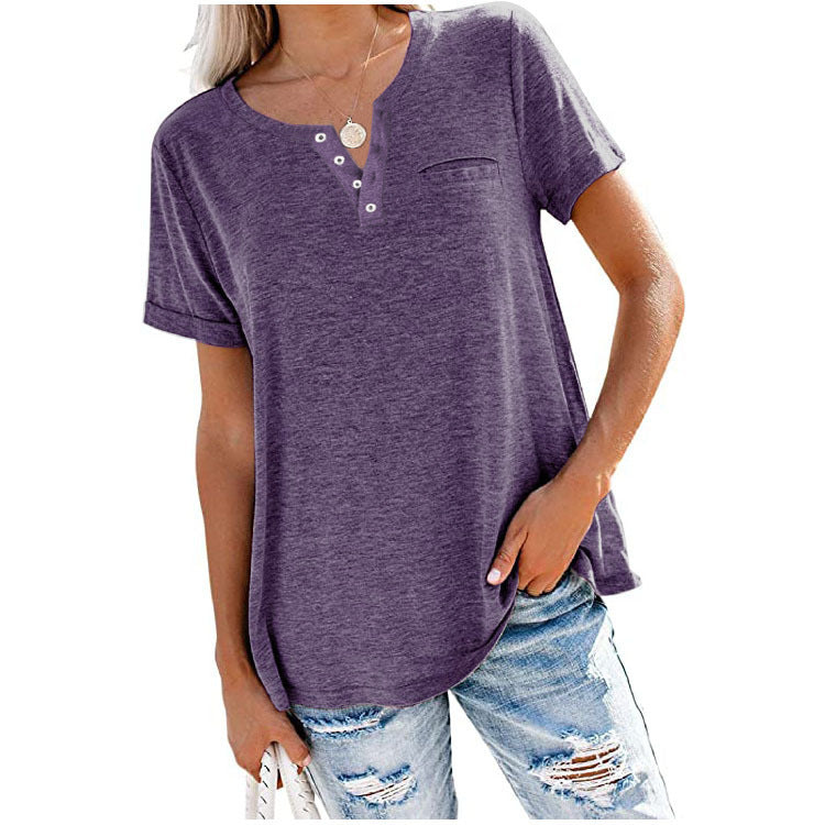 🌸40% de descuento  🌸 Camiseta de manga corta con bolsillos en color liso de algodón