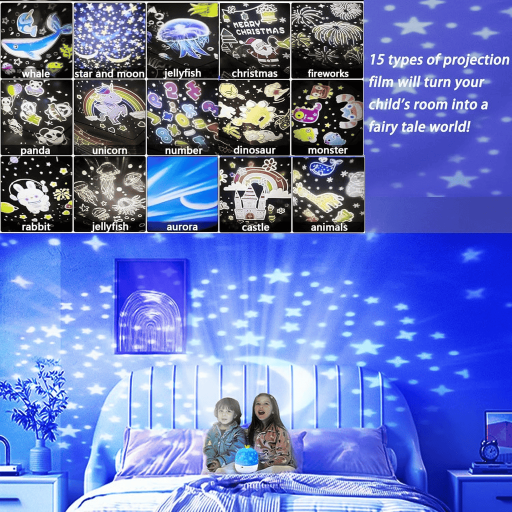 🌙 Proyector Nocturno Infantil – 15 Películas, Luz Suave y Carga por USB, Perfecto para Dormir o Jugar 🎥✨