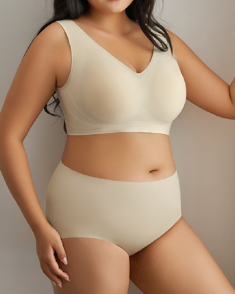 Conjunto de Ropa Interior Femenina Sin Aros Sin Costuras Ultra Cómoda Sostenes Diarios con Panties de Cintura Alta