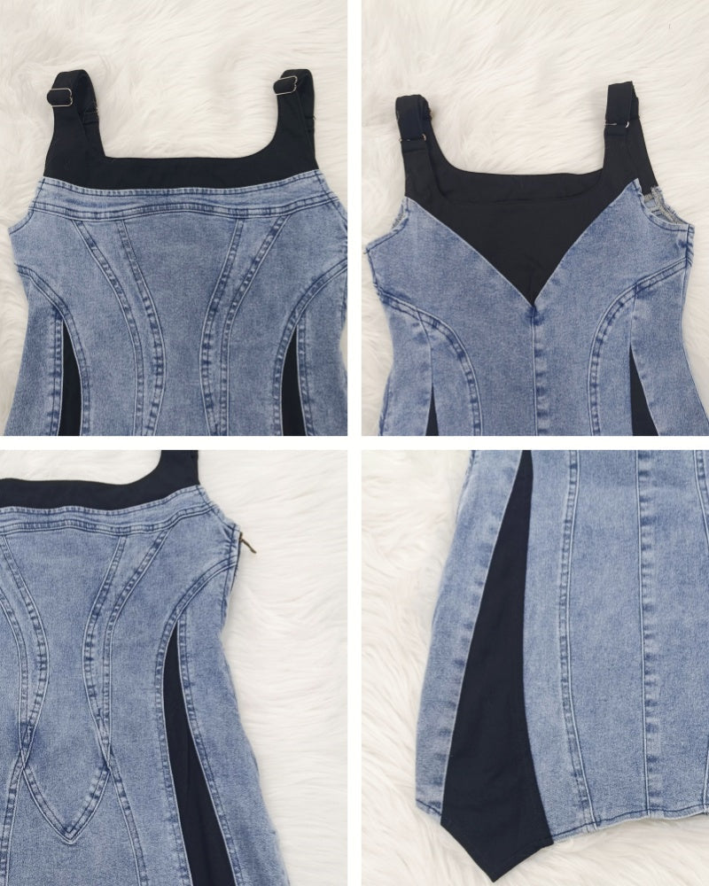 Vestido Mini Denim Bodycon con Tirantes de Color Contraste Shapshe®