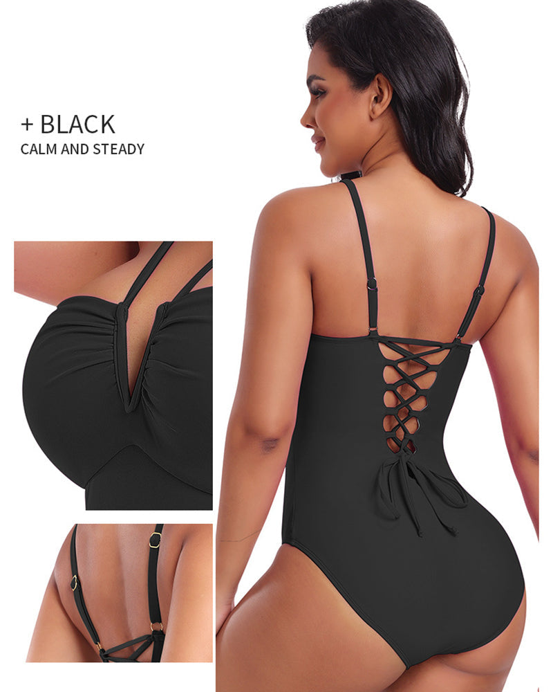 Traje de baño enterizo moldeador con tiras, escote halter en V y copa triangular sexy