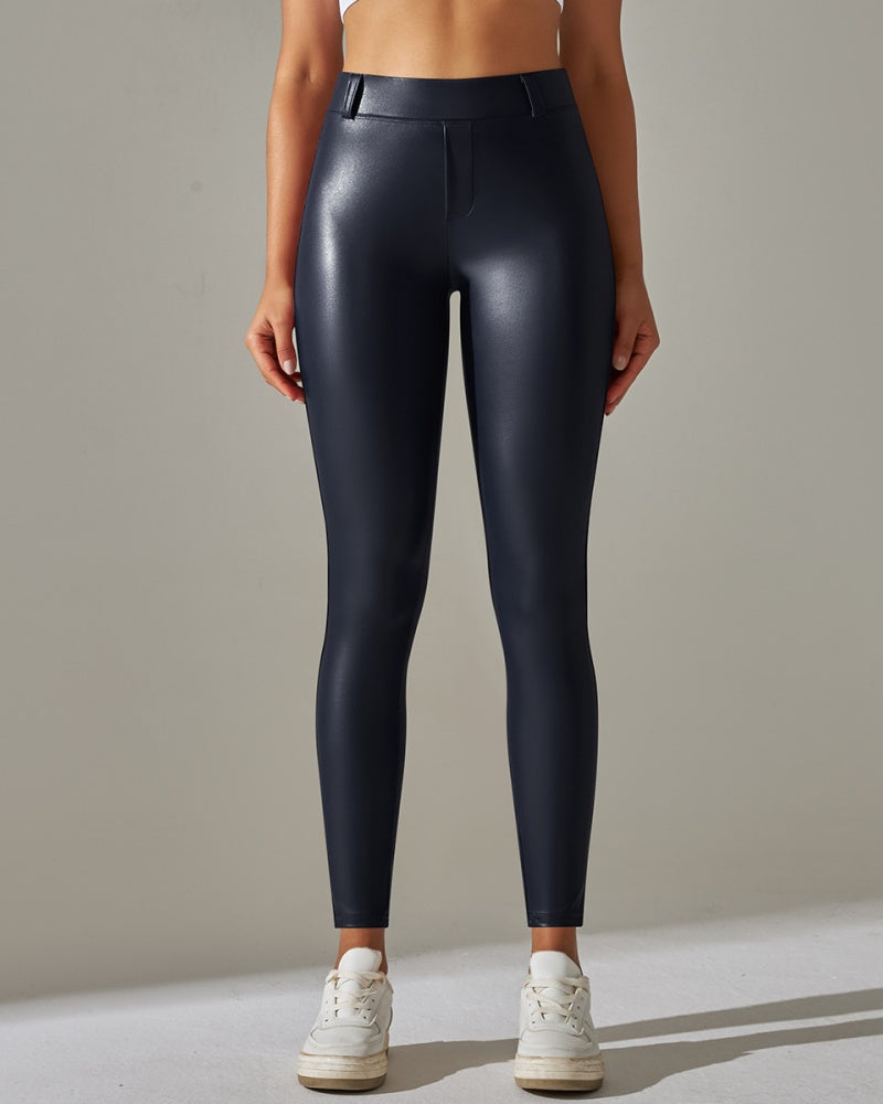Pantalones de cuero PU de cintura alta ajustados para deportes y yoga slim