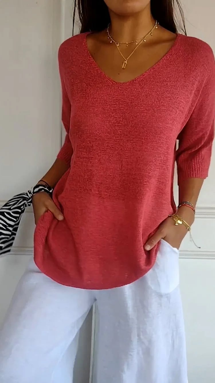 💖 Top Tejido con Cuello en V de Color Liso – Estilo Elegante y Cómodo para Cualquier Ocasión ✨👚