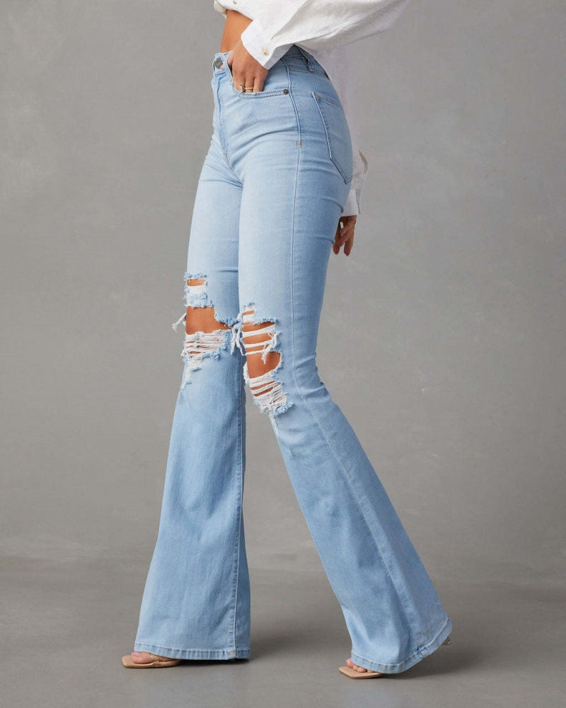 Jeans Rotos de Tiro Alto para Mujer Estilo Urbano Pantalones Acampanados