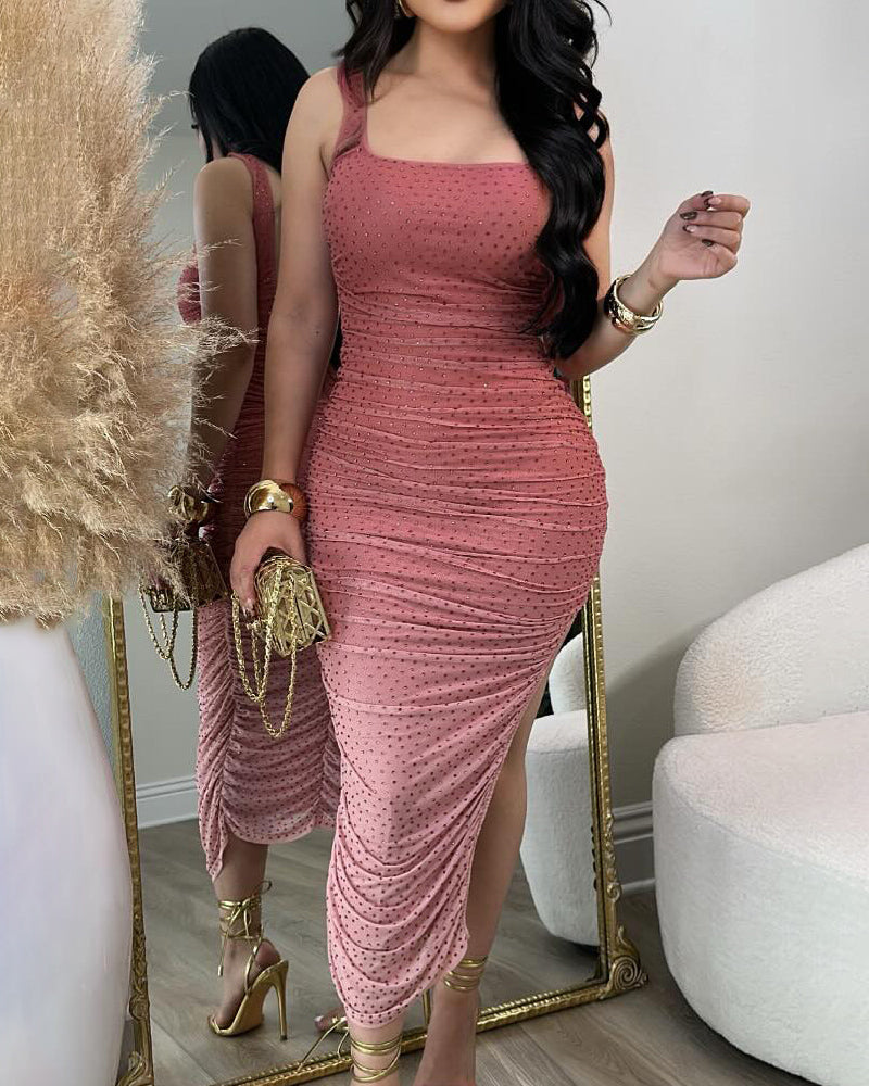 Vestido Bodycon con Cuello Cuadrado, Lentejuelas, Fruncido y Dobladillo Asimétrico