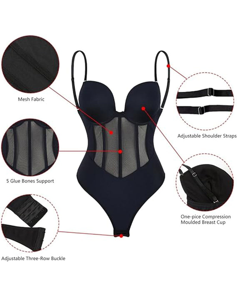 Corsé Sexy de Malla Moldeadora Body Sin Espalda con Tanga y Sostén Incorporado