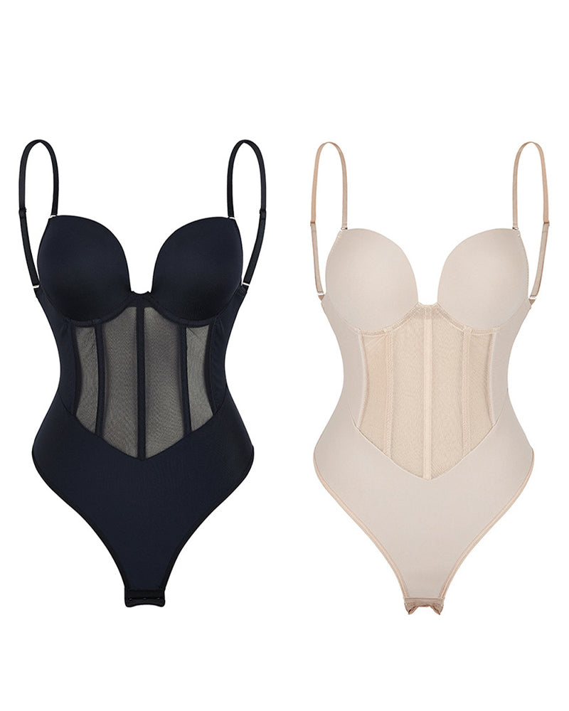 Corsé Sexy de Malla Moldeadora Body Sin Espalda con Tanga y Sostén Incorporado